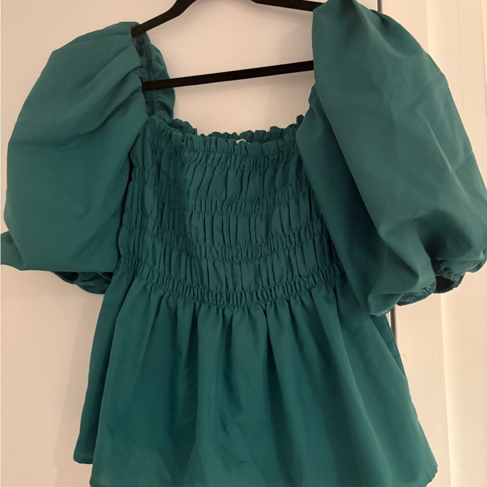 Vine & Love Teal Smocked Puff Sleeve Blouse